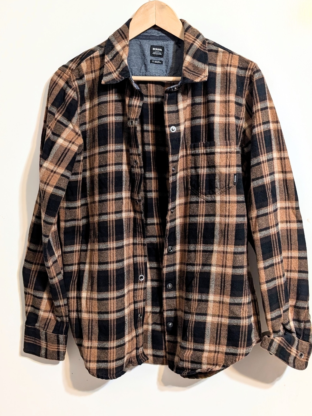 prAna Brown & Black Plaid Long Sleeve Flannel Shirt Size S - Organic Cotton